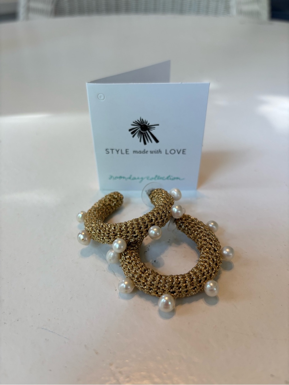 Noonday Collection Gold Crochet Pearl Hoop Earrings with White Pearls